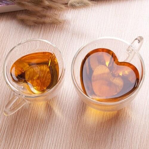 Creative Double Glass With Handle Couple Cup Coffee Cup Milk Tea Drink Cup Anti Scald Glass Heart-shaped Cup