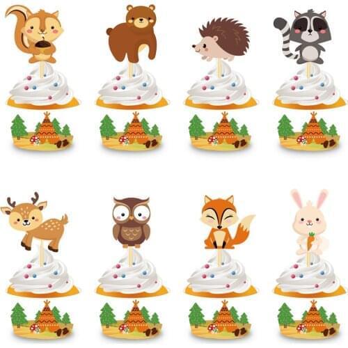 Woodland Theme Cake Wrapper Baby Shower Forest Owl Raccoon Fox Cake Topper Decoration Cartoon Animal Cupcake Decorating Supplies