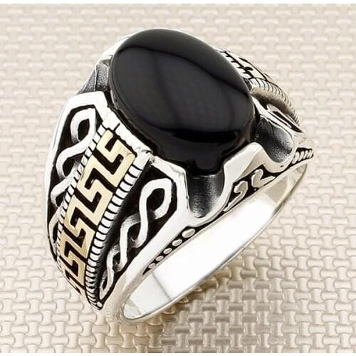 Mini Oval Black Onyx Stone Men Silver Ring With Bronze Color Symmetrical Motif Made in Turkey Solid 925 Sterling Silver