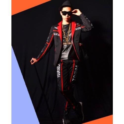 Blazer men suits designs Black cloth stitching jacket mens coat stage singers clothes dance star style dress punk rock