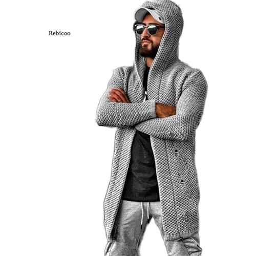 Mens Sweater Cardigan Knitted Sweater Autumn Winter Soiold Color Long Sleeve Slim-Fit Hooded Sweater Plus Size New
