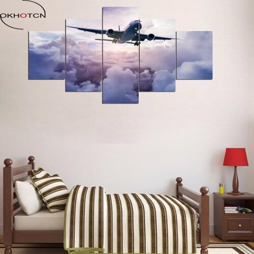 OKHOTCN 5 Pieces Airplane At Cloudy Sky Modern Wall Canvas Art HD Printed Oil Painting Landscape Picture For Home Decor Pictures