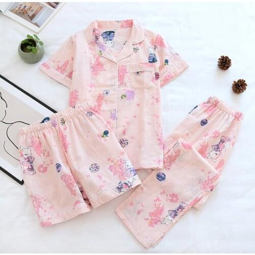 Three-piece Pajamas Womens Summer Spring 100% Cotton Short-sleeved Trousers Shorts Ladies Homewear Suits Big Size Home Clothes