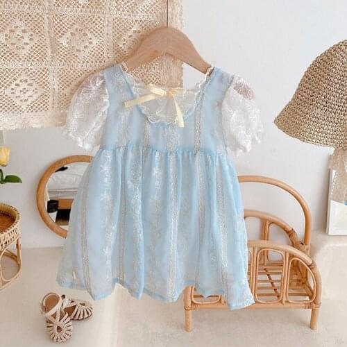 Summer Princess Girls Dress Ruff Sleeve Baby Girls Party Dresses Lace Patchwork Bowknot Tutu Children Dress Lolita Vestidos