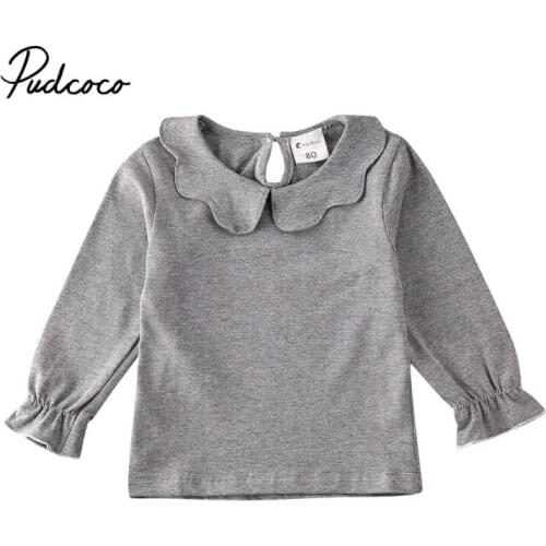Pudcoco Kids Baby Girls Cotton Long Sleeve T-shirt Pullover 1-7Y Children Clothing Casual Ruffles Solid Tops Tee Gray Pink White