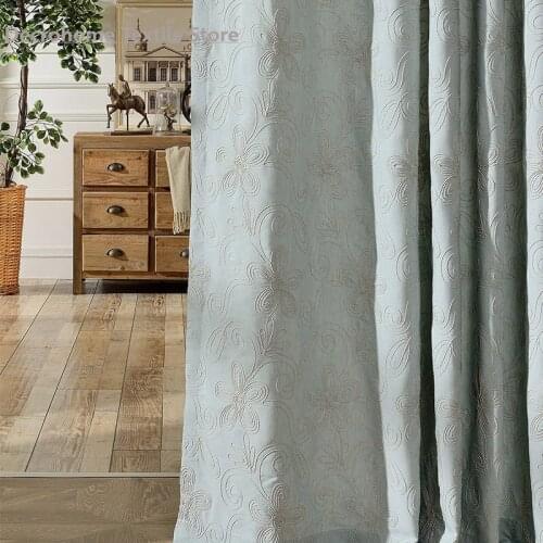 Modern Simple Rural American Light Blue Cotton-Linen Line Embroidered Curtains for Bedroom Living Room Home Decoration Customiza