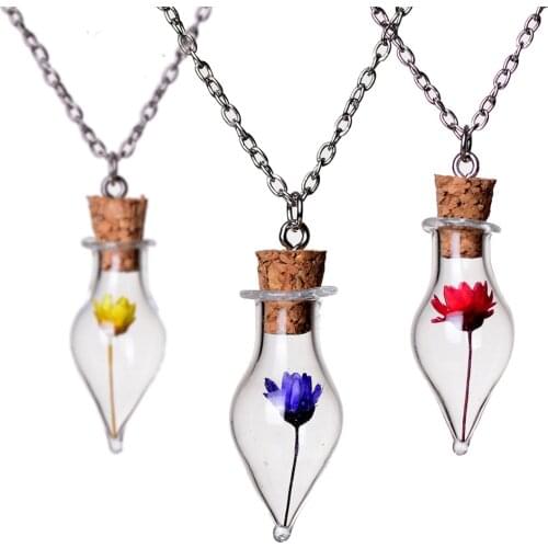 Dry Flower Lucky Glass Wish Bottle Necklace Red Blue Yellow Natural Dried Flowers Link Chain for Women Girl Summer Party