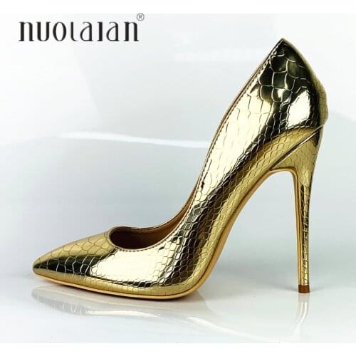 High Heels Shoes Women Pumps Gold Snake Printing Woman Shoes Sexy Pointed Toe Wedding Party Shoes Stilettos 12/10/8cm Heels