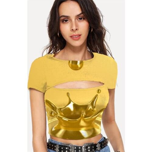 Somepet Psychedelic T-shirt Women Abstract Tshirt Printed Brown Shirt Print Harajuku Navel Bare Short Sleeve Sexy Fashion Style