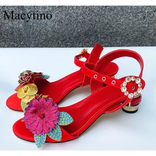 Flower decoration ladies high heel sandals round head rhinestone jewel glass heel sandals fashion party sandals