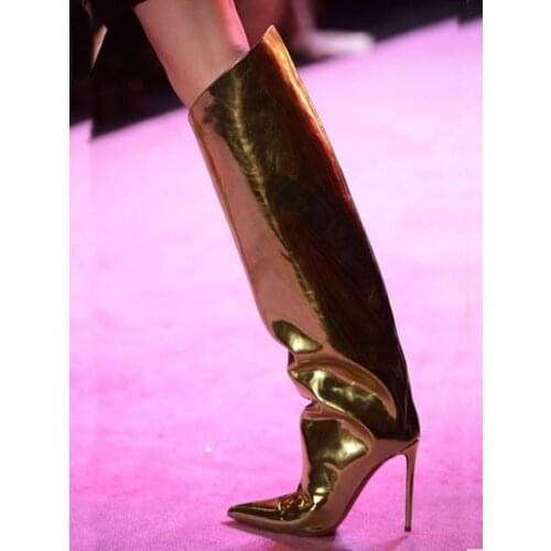 Gold Mirror Material Stiletto High Heel Boots Pointy Toe Zipper Women Runway Street Outfits Shoes Spring Office Ladies Long Boot