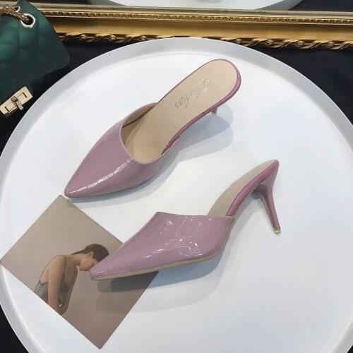 Womens Summer Sandals Leather Pointed Half Drag High-Heeled Sandals Fashionable Anti-skid Soft Soled Thin Heeled Sandals