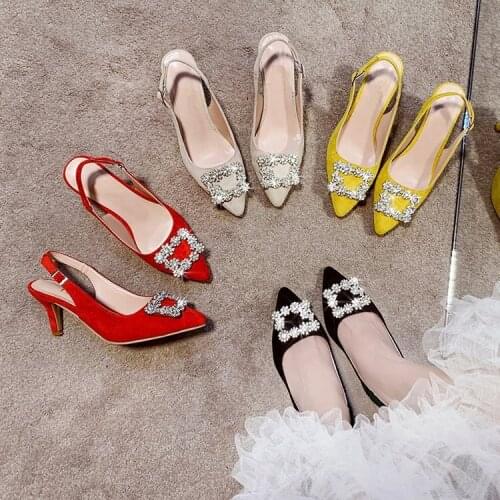 Sandals Female Baotou Back Buckle Rhinestone Square Buckle Womens Shoes 2021 Summer New Pointed High Heels Trend