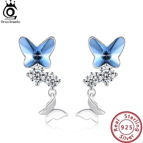 ORSA JEWELS Butterfly Design Earrings 925 Sterling Silver Elegant Austrian Crystal Dream Exquisite Stud Earring for Women SWE05