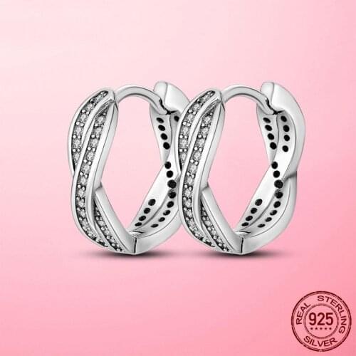 2021 100% Real 925 Sterling Silver Round Twist Hoop Earrings for Women Clear CZ Wedding Party Fashion Jewelry Gift