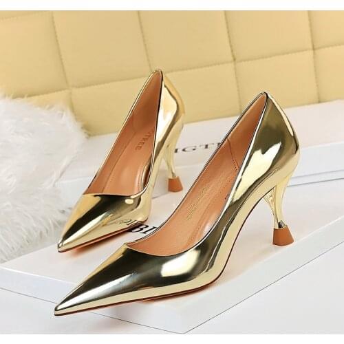 2022 Elegant Women Bling Silver 7.5cm High Heels Pumps Female Luxury Tacons Gold High Heels Scarpins Wedding Prom Shoes Big Size