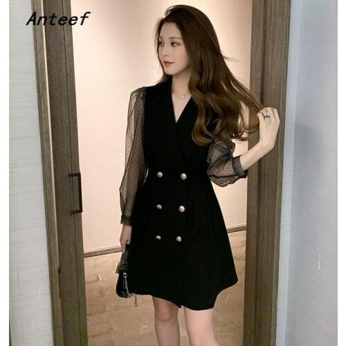 Anteef long sleeve black cotton mesh dresses for women casual loose mini short spring autumn blazer dress elegant clothes 2021