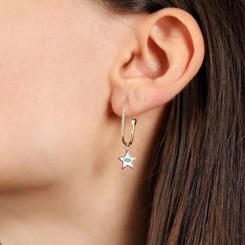 Star Eye Pendulum Gold Earring Enamel 14 Setting Two-Sided With Custom Design Handy Custom Craftsmanship Gift Gold Earrings