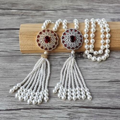 4Pcs Unique Design Handmade round charm Red Zircon CZ Micro pave Pendant,Shell Pearl Beads tassel Women Jewelry Necklace