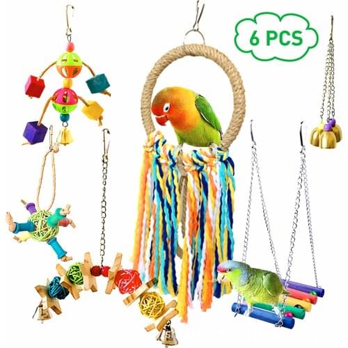 6PCS Parrot Toy Set Fun Anti Biting Colorful Wooden Parrot Chewing Toys Bird Cage Toys Pet Funny Favor Toy Interactive Toy
