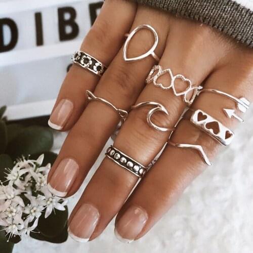 9 Pcs/Set Vintage Hollow Love Arrows Flower Alloy Silver Finger Ring Set For Women Fashion Bohemian Jewelry Gifts Accessories
