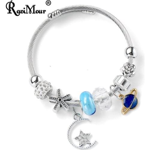 RAVIMOUR Women Bracelet Jewelry Fashion Stainless Steel Bracelets Bangles Crystal Planet Moon Star Charms Cuff DIY Accessories