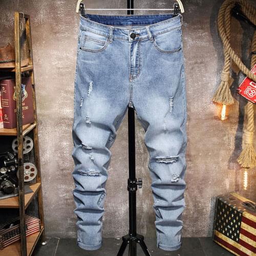 Men Vintage Streetwear Hip Hop Ripped Biker Pencil Pants Frayed Joggers Skinny Denim Pants Men Fashion Jeans