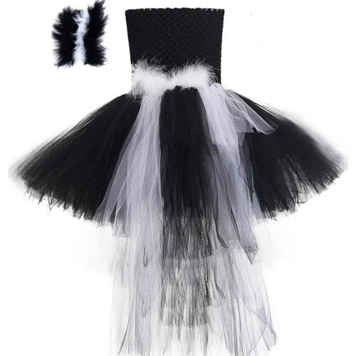 Black and White Bustle Skunk Girls Tutu Dress with Headwear Tail Fur Feather Furry Animal Kids Birthday Party Halloween Costumes