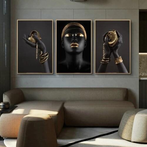 Black Woman holding Golden Jewelry Canvas Art Paintings on the Wall Art Posters and Prints Black Woman Art Pictures Home Decor