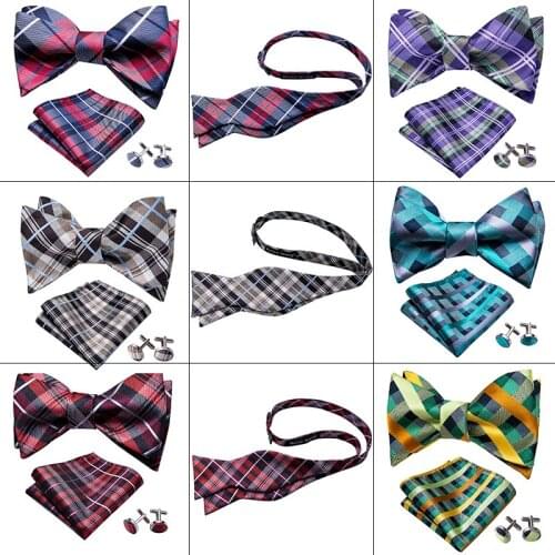 Self Tie Bowtie Men Red Brown Striped Silk Butterfly Bows Ties Hanky Cufflinks Set Party Wedding Gift Formal Dress Barry.Wang