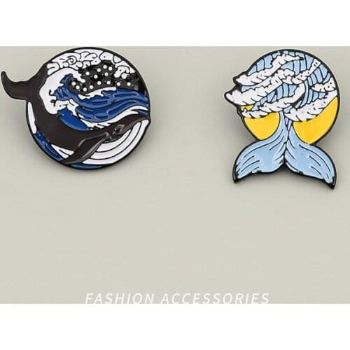 Whale and Wind Waves Marine Life Brooch Unisex Cute Lapel Shirt Bag Pin Badge INS Tide Mermaid Buckle Decoration Brooch