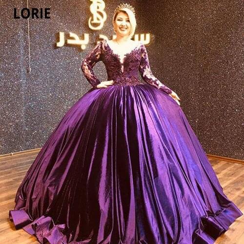 LORIE Purple Velvet Evening Dresses Long Sleeves V Neck Ball Gown Applique Lace Prom Quinceanera Dress Plus Size Party Gown