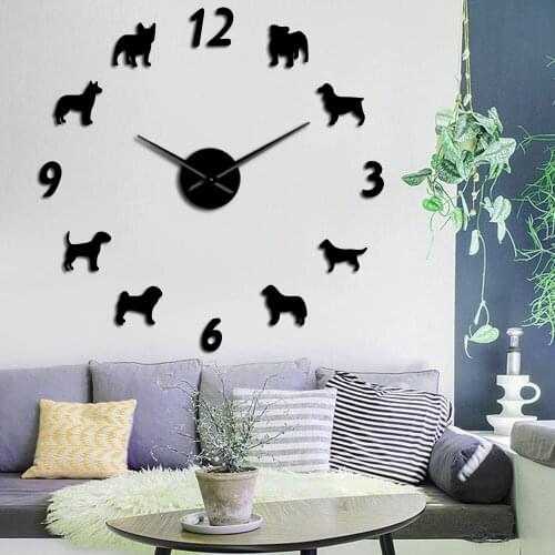 Different Dog Breeds DIY Wall Clock Modern Pug Cute Puppy Big Wall Watch Giant 3D Mirror Frameless Wall Sticker Dog Lover Gift