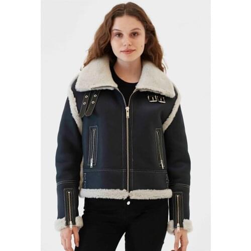 2019 New Womens B3 Shearling Jacket Turkey Sheepskin Coat Blue Leather Jacket Biker Coat Short Fur Jacket