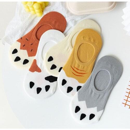 New Arrival Summer Animal Cat Paw Cartoon Print Thin Boat Socks Funny Harajuku Comfortable Cotton Silicone Slip Invisible Socks