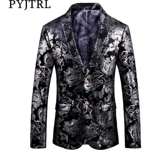 PYJTRL Brand Autumn Winter Luxury Gold Red Blue Stylish Floral Pattern Velvet Blazer Mens Casual Suit Jacket DJ Signers Outfit