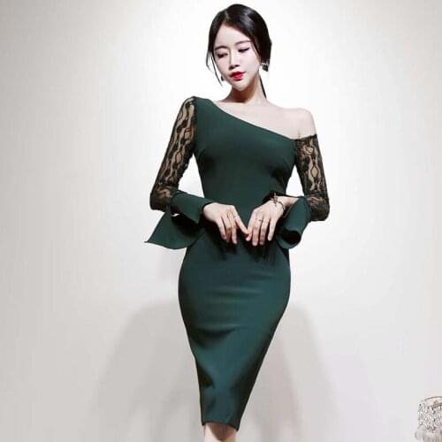 S-XL Plus Size 2020 Autumn OL Work Dress Women Lace Patchwork Knee-Length Wrap Dress Lady Slim Tight Green Dress Woman Vestidos