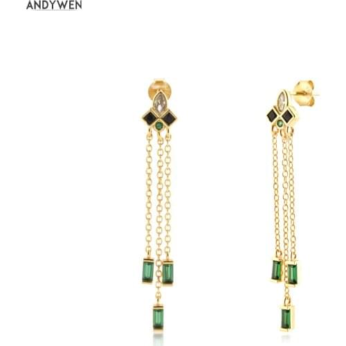 ANDYWEN 925 Sterling Silver Gold White Green Black Long Chain Drop Earring Women Wedding Fine Jewelry Clips Piercing Pendiente
