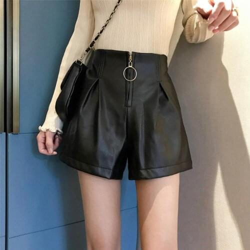 MUMUZI faux leather Wide leg shorts women winter 2020 new Korean casual loose high waist fleece thick boots trousers with zipper