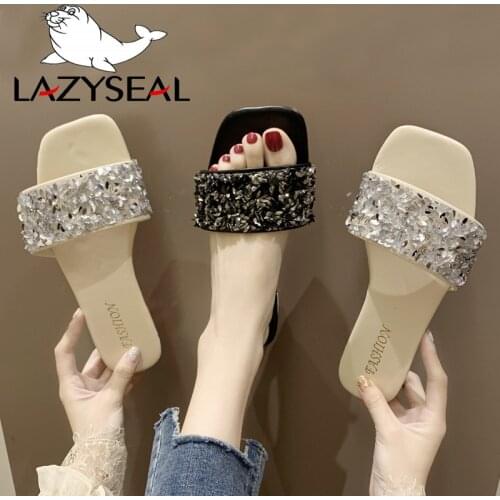 LazySeal Crystals Flat Heel Slides Women Shoes Open Toe Summer Beach Appliques Shoes Women Peep Toe Mules Shoes Girls