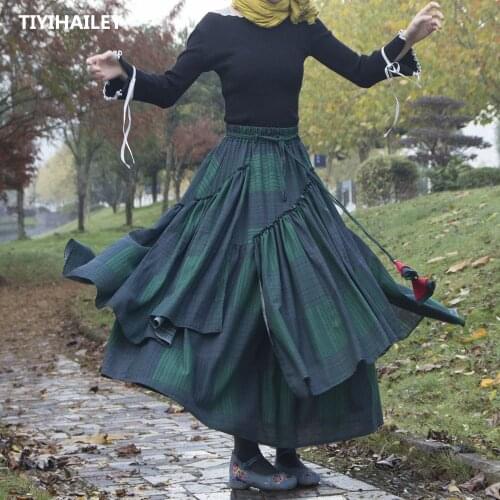 TIYIHAILEY Free Shipping 2021 New Big Hem Long Maxi A-line Elastic Waist Women Cotton Linen Plaid High Quality Green Skirts