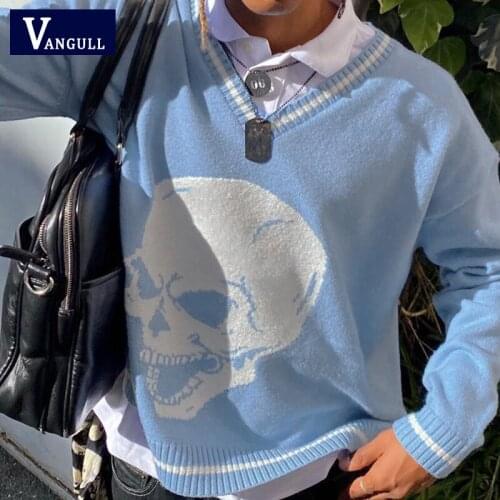 Vangull Y2K Sweaters Skulls Pullovers V Neck Knitwear Loose Casual Knitted Tops Women Streetwear E-Girl Tops Blue 2020 Autumn