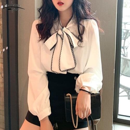 Vintage Korean 2021 Autumn Sweet Bow Loose Ladies Blouse Women Office Lady Sweet Blusas Long Sleeve Shirts White Blouses 14892