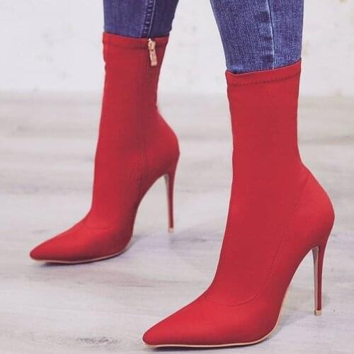 Hot Selling Red Booties Elastic Fabric Pointed Toe Socks Ankle Boots Slip Fit Stretch Mid Calf Boots for Women Zipper Big Size