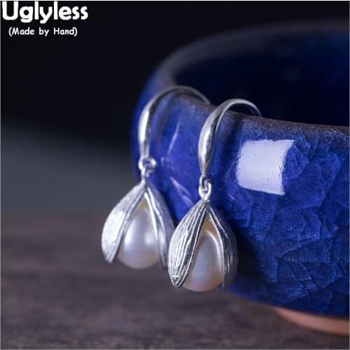 Uglyless 100% Real 925 Sterling Silver 3 Petals Flower Earrings for Women Elegant Pearls Earrings Natural Pearl Fine Jewelry