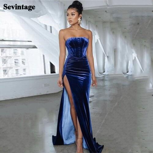 Sevintage Simple Velvet Evening Dress Mermaid High Split Prom Party Gowns Pleats Custom Made Formal Women Dresses Plus Size 2021
