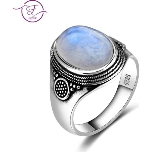 Natural Moonstone Ring Lady 925 Silver Jewelry Retro Party Ring 10x14MM Large Ellipse Gem Gift Wholesale