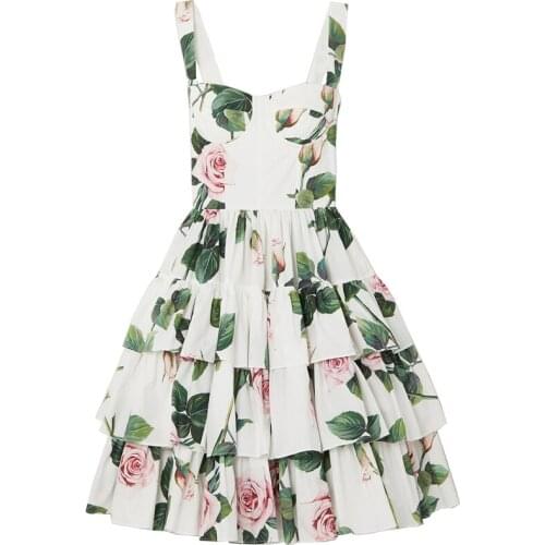 New Europe Summer Runway Women Sexy Spaghetti Strap Dress Vintage Rose Flower Print Elegant Layered Ruffles Party Cake Dresses
