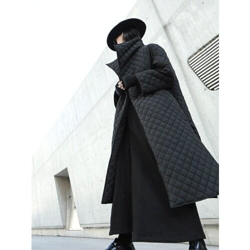 2020 Spring and Summer Dark Wind Turn-up High Collar Diamond Quilted Cotton Open Side Slit Long Coat Jacket Women