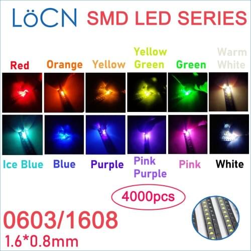 4000PCS SMD LED 0603 1608 red white pink purple blue yellow green red orange High Light ice warm white jade pure green clear